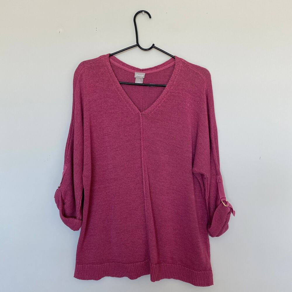 Chico's Womens Sweater Size 2 Pink Rose Short Sleeve Knit V-Neck Coastal Preppy